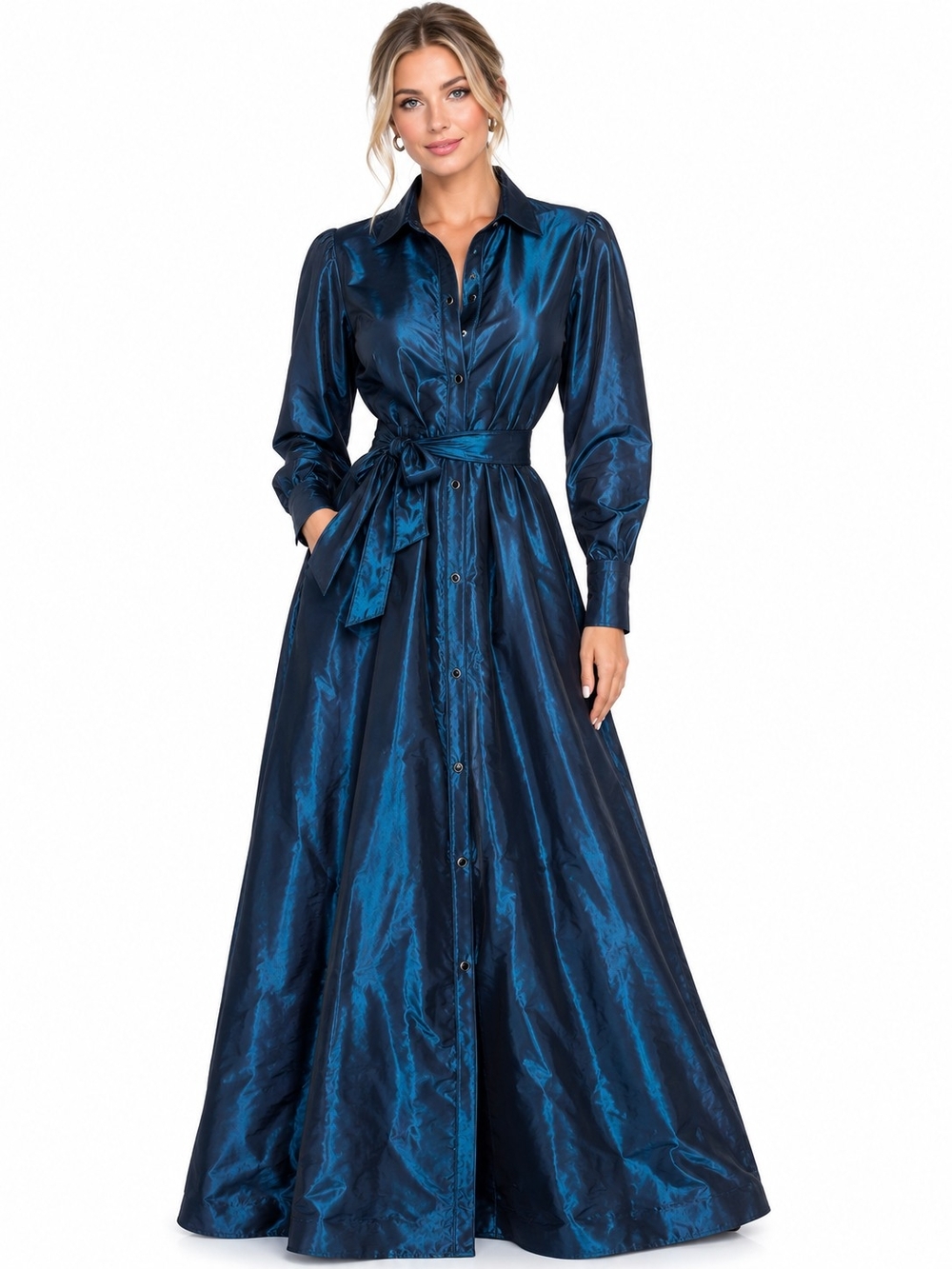 Vintage Norma Kamali Satin Maxi Shirt Dress with Waist Tie - Navy Blue